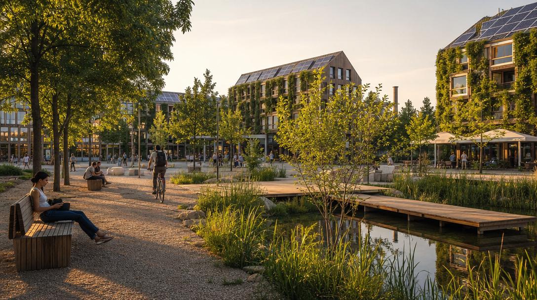 Grüner öffentlicher Raum mit Bäumen und Wasser im Quartier